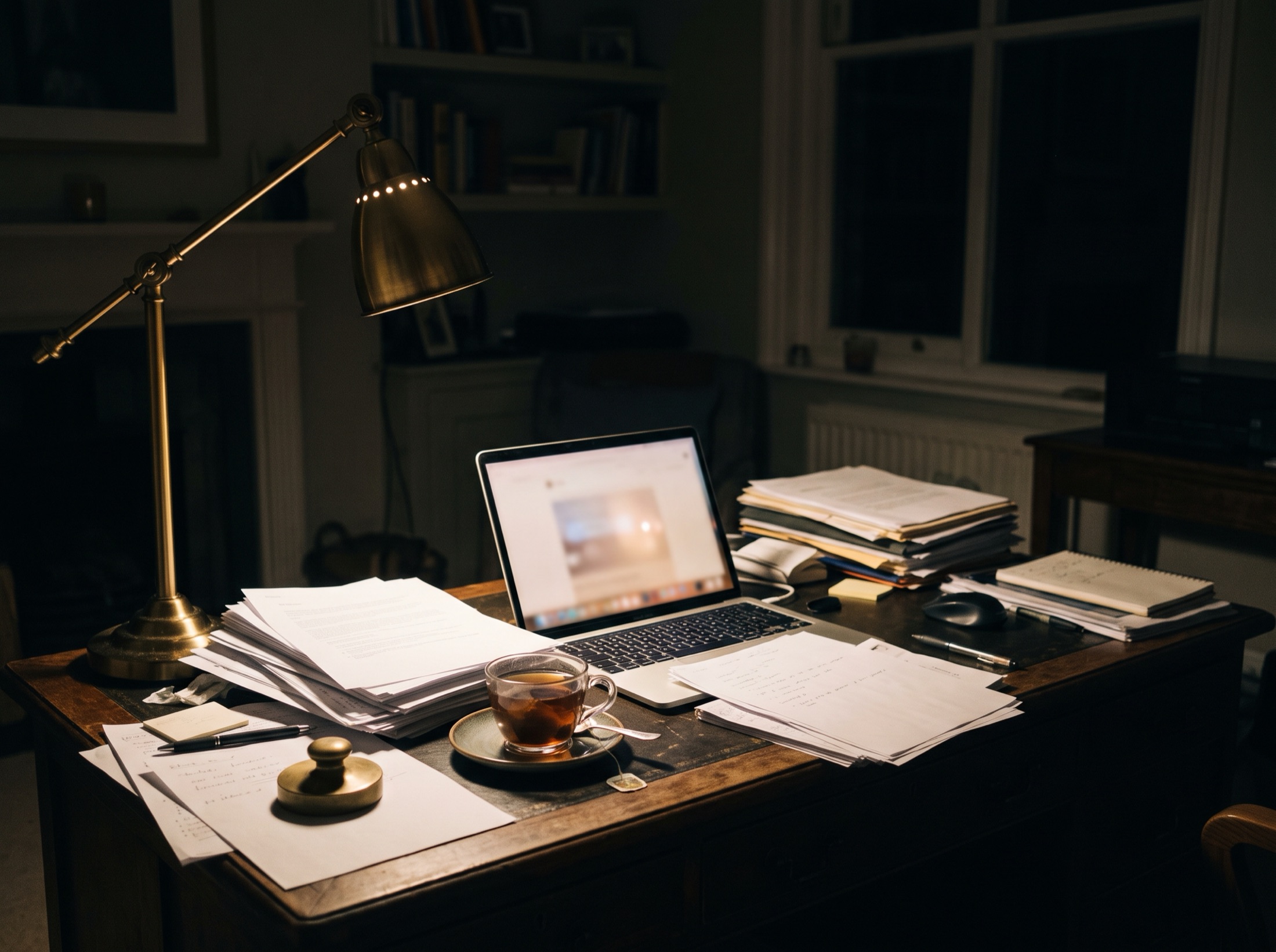 A founder's desk late at night