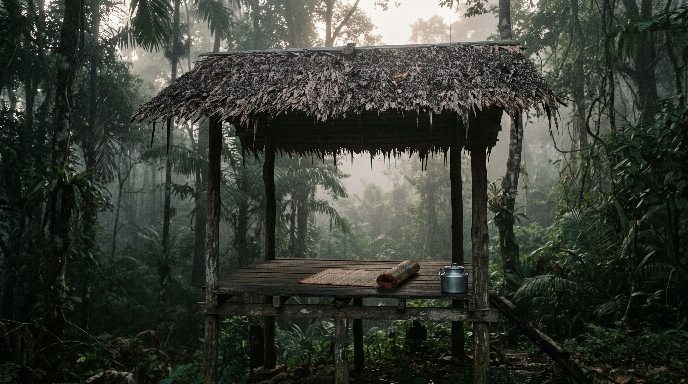 A wooden retreat platform in Thai jungle at first light