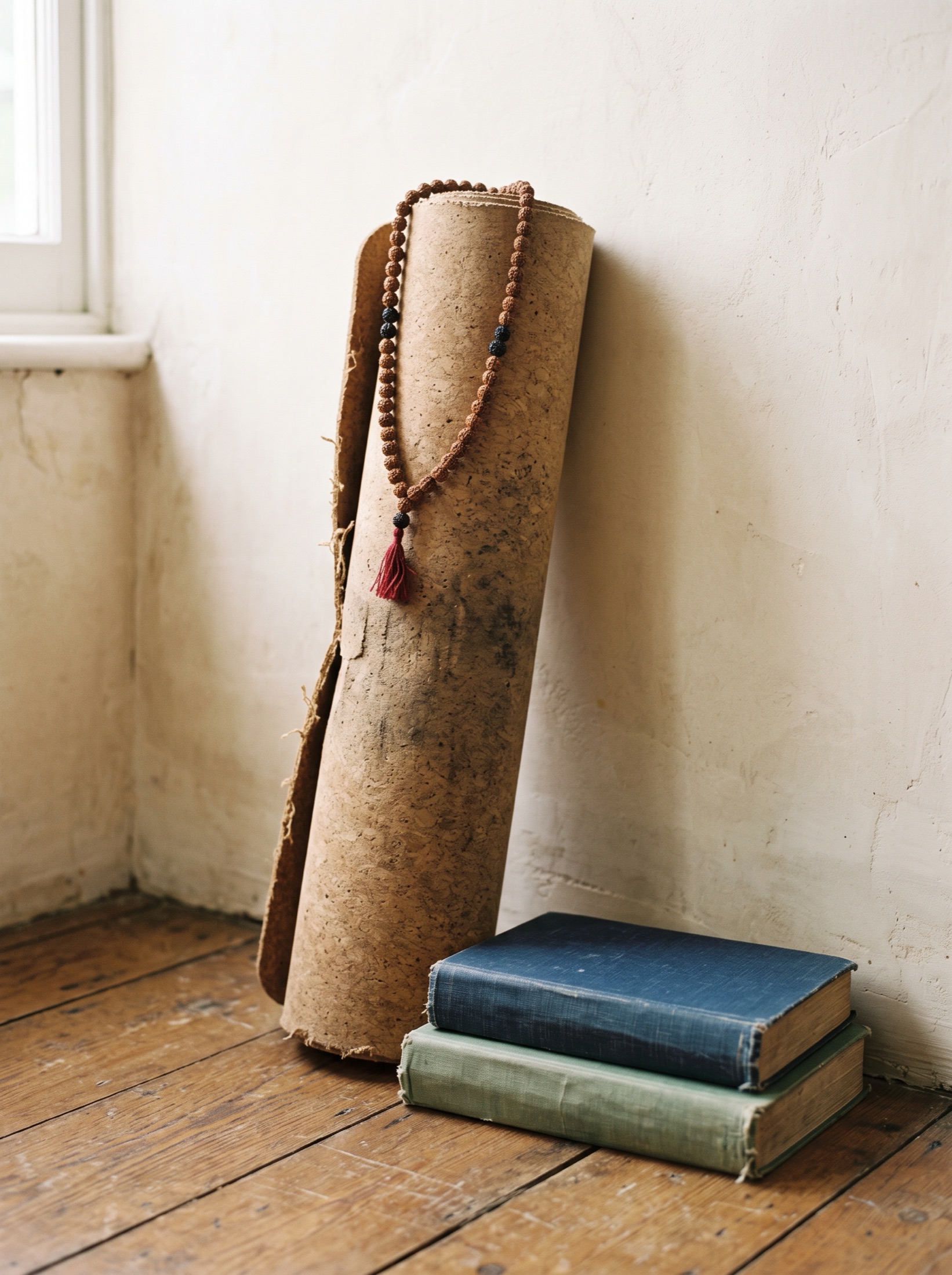A worn mat, a mala and old books