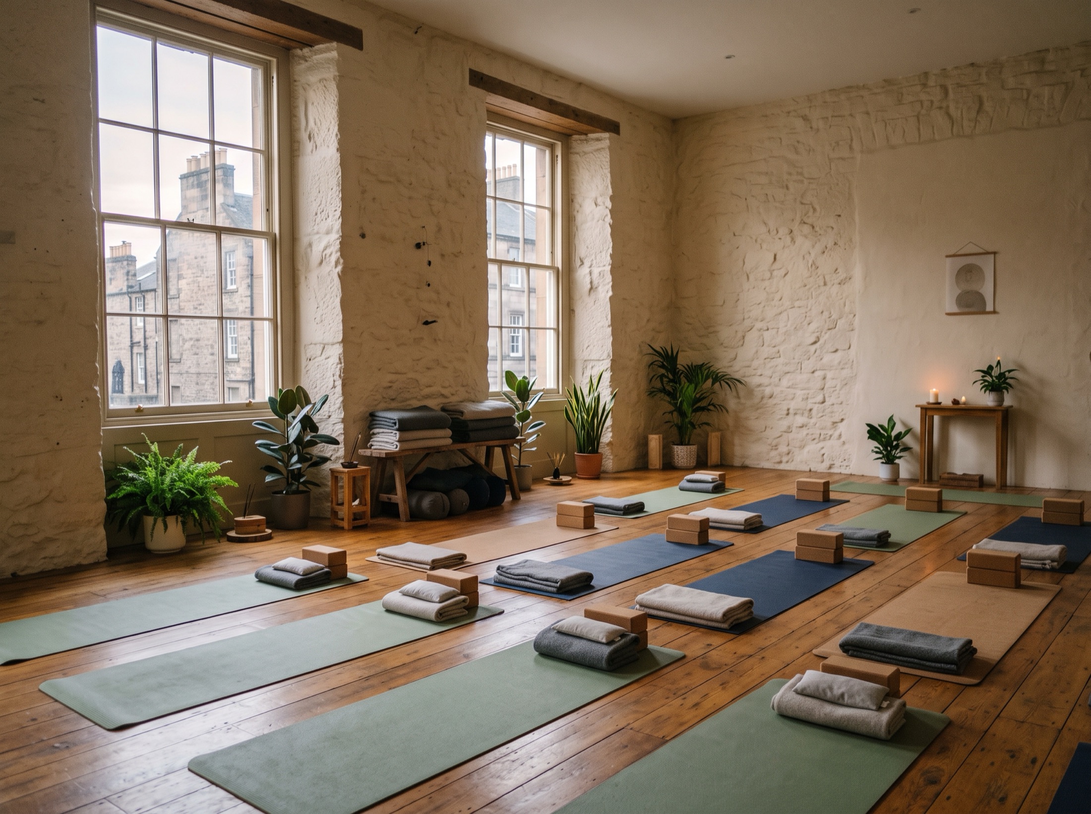 An empty Edinburgh studio, mats laid, morning light
