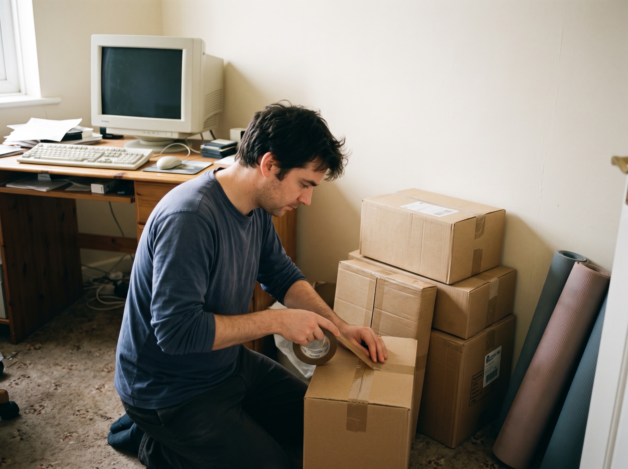 Parcels and rolled mats beside an old computer, 1999